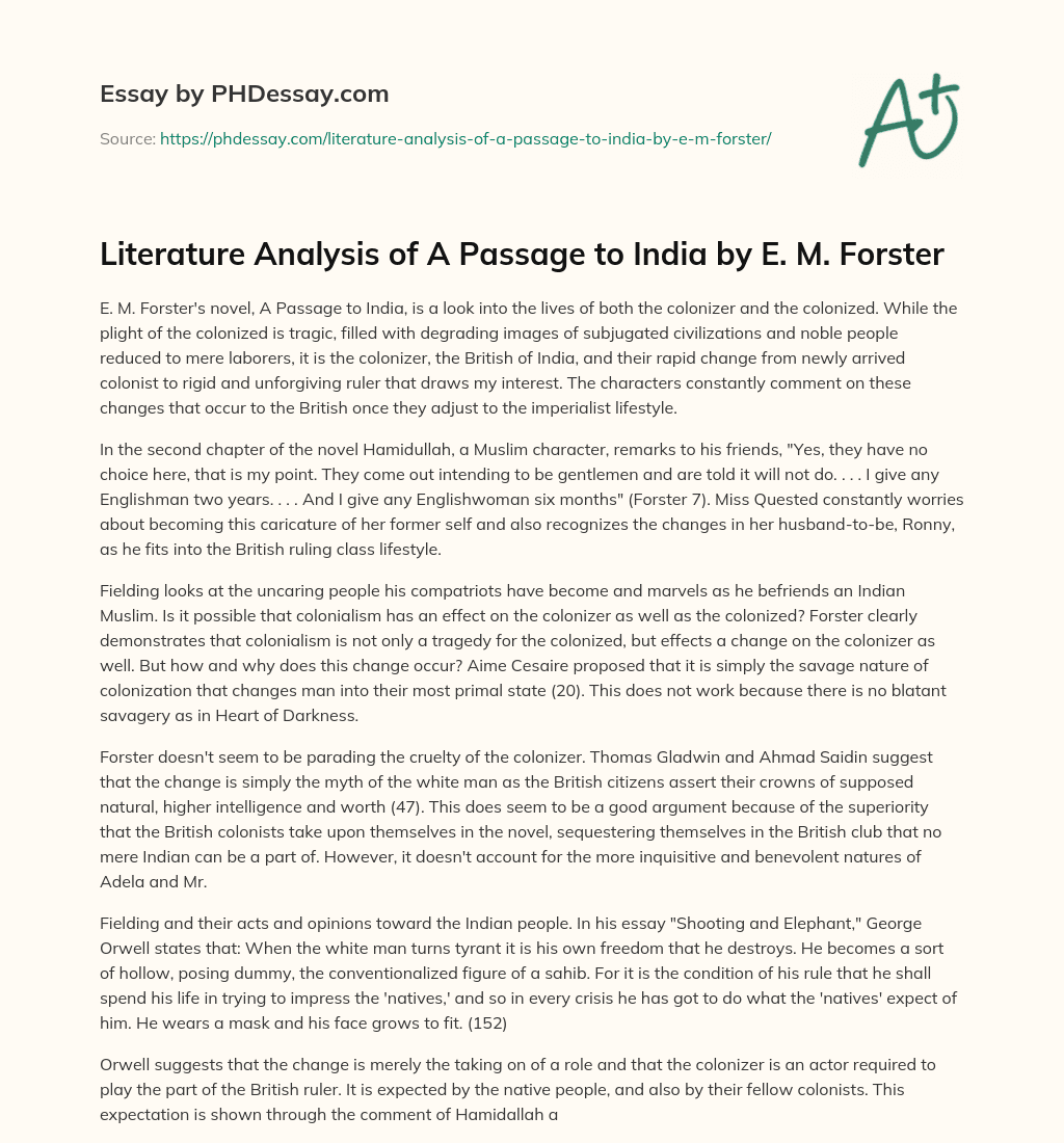 Literature Analysis of A Passage to India by E. M. Forster essay