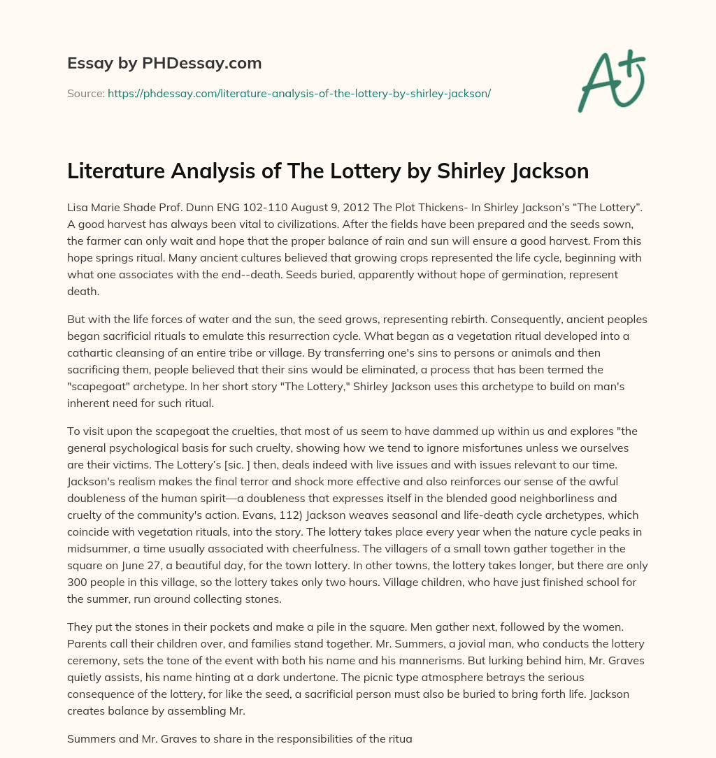 Literature Analysis Of The Lottery By Shirley Jackson Essay Example