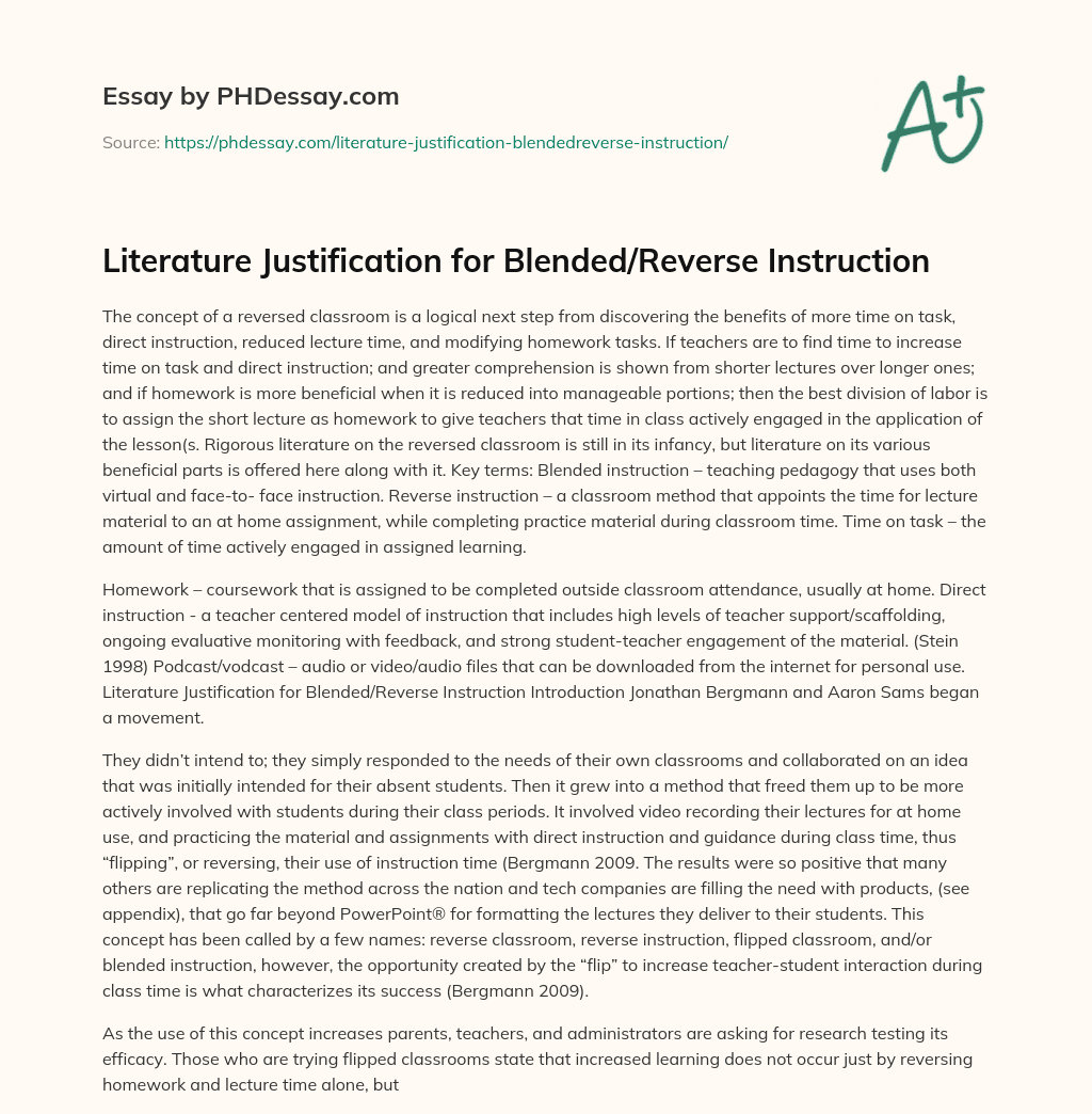 Literature Justification for Blended/Reverse Instruction essay