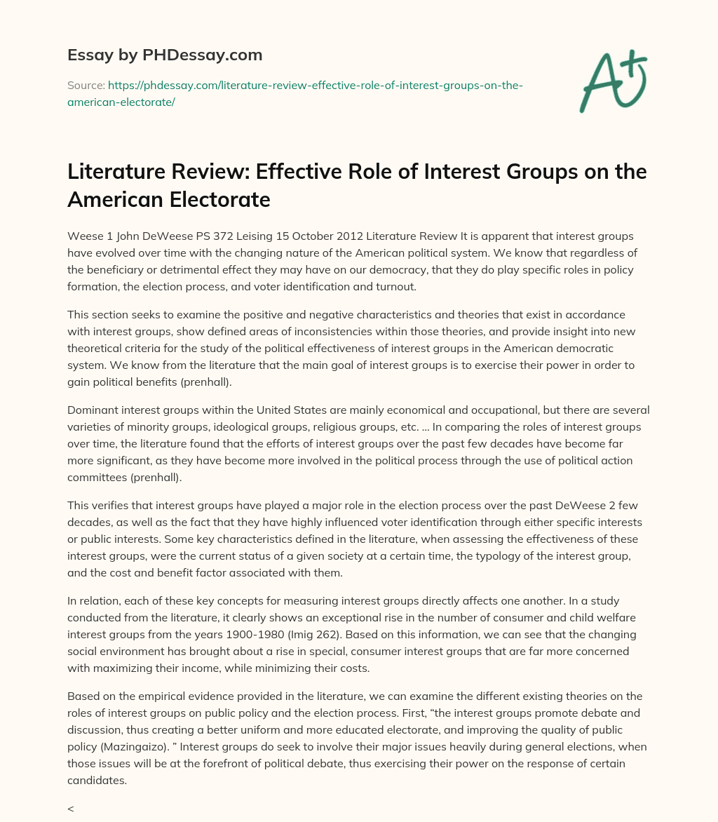 Literature Review: Effective Role of Interest Groups on the American Electorate essay