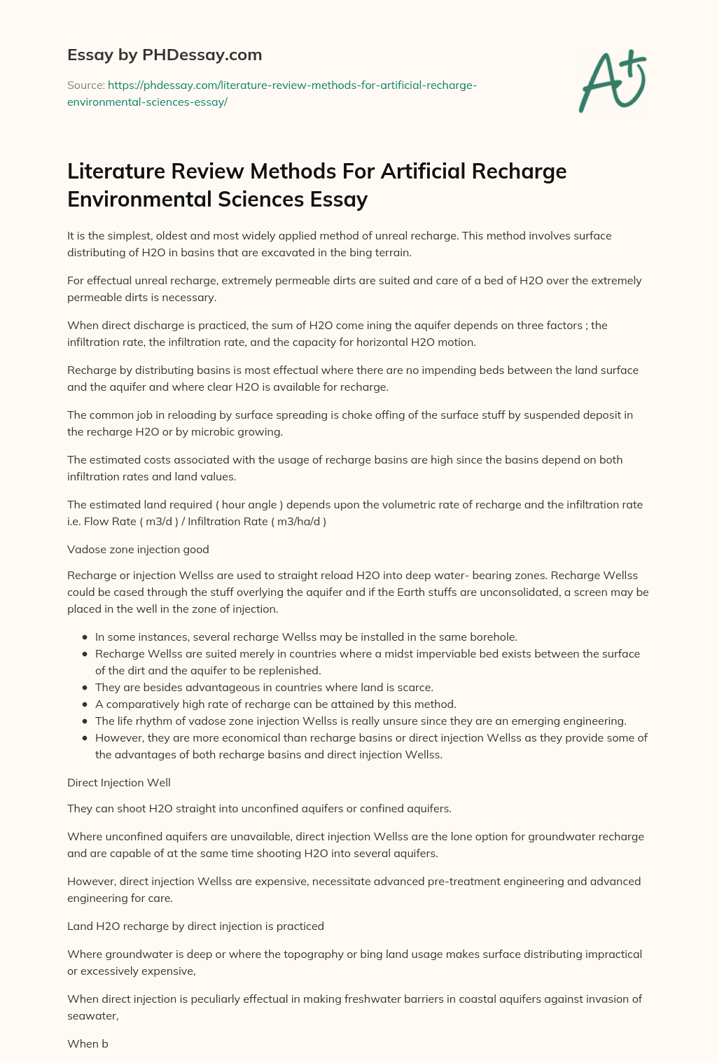 Literature Review Methods For Artificial Recharge Environmental Sciences Essay essay