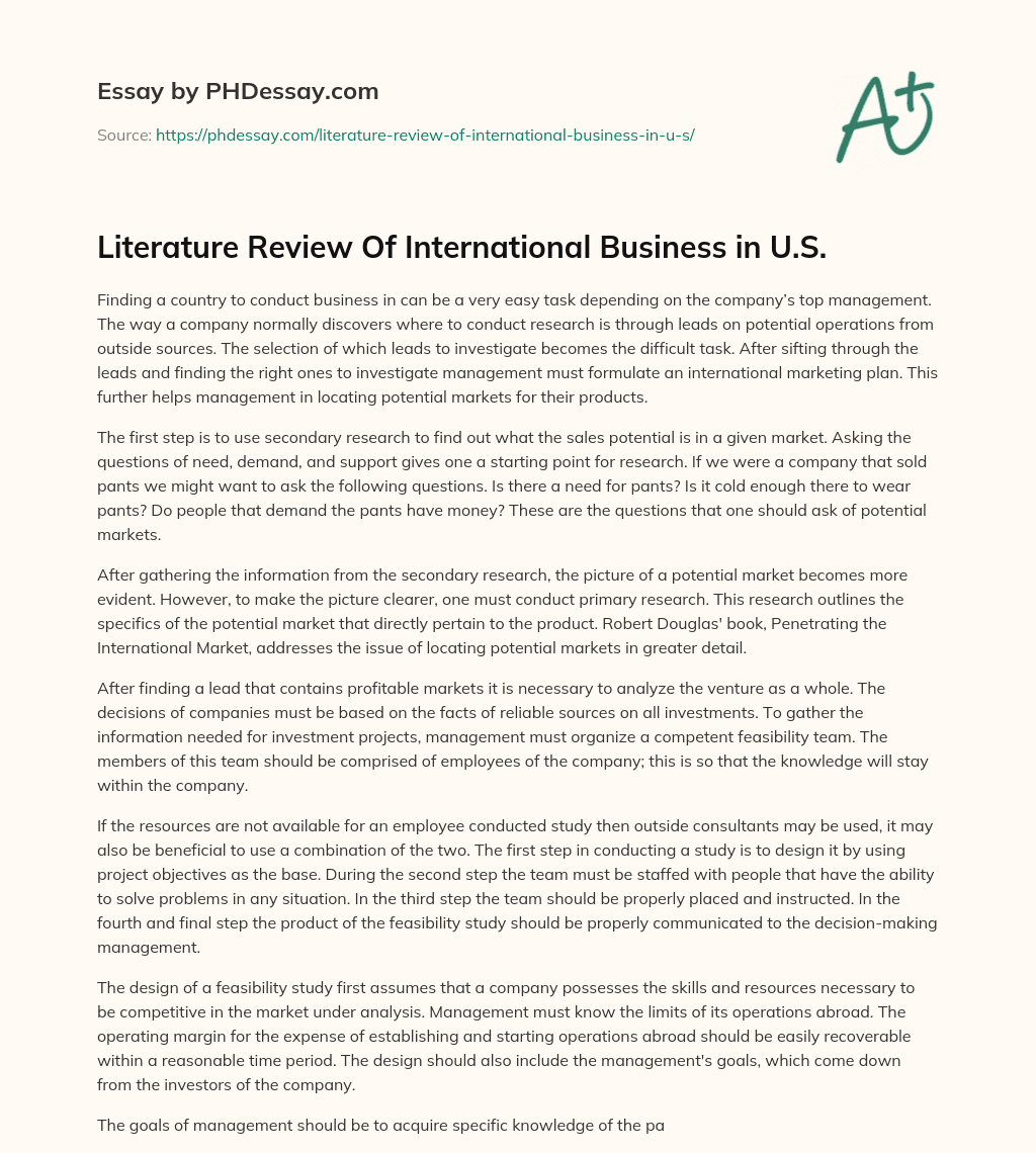 Literature Review Of International Business in U.S. essay