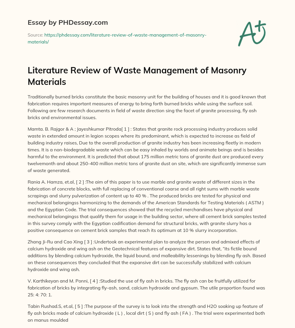Literature Review of Waste Management of Masonry Materials essay
