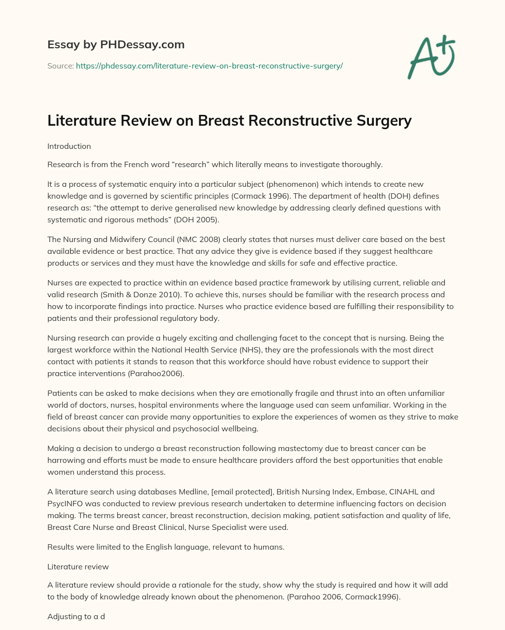 Literature Review on Breast Reconstructive Surgery