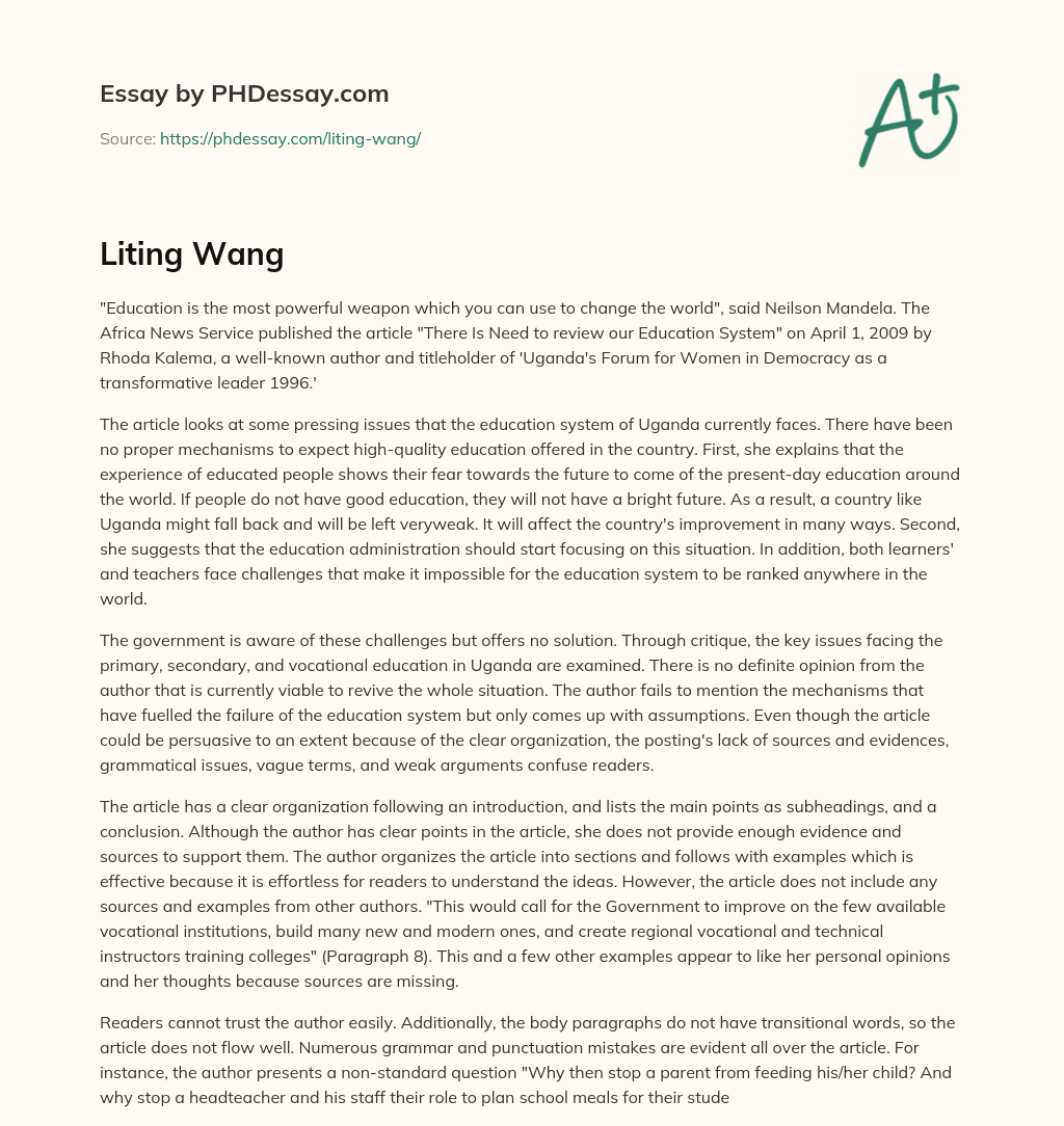 Reviewing Uganda’s Education System: Challenges and Solutions essay