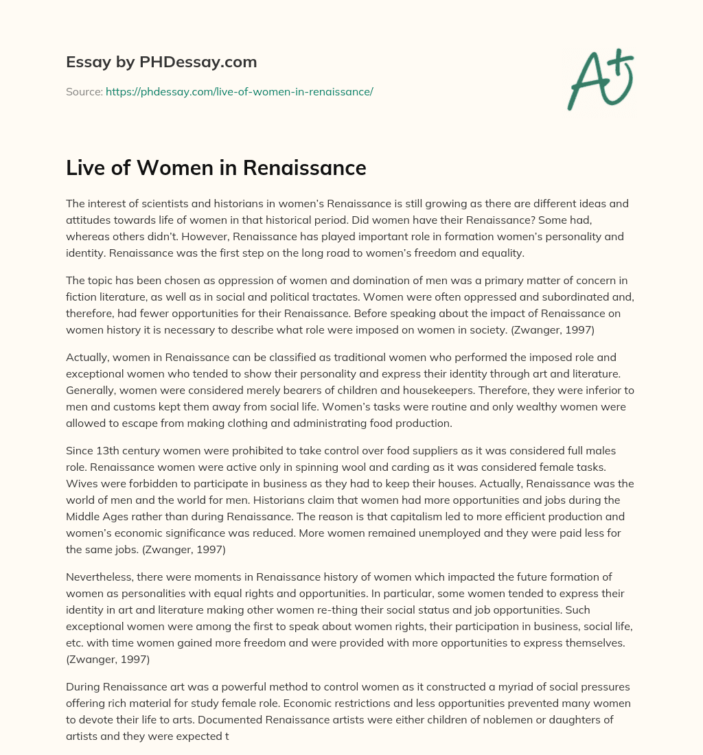 Live of Women in Renaissance essay