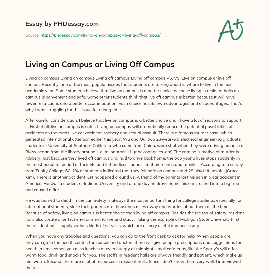 Living on Campus or Living Off Campus essay
