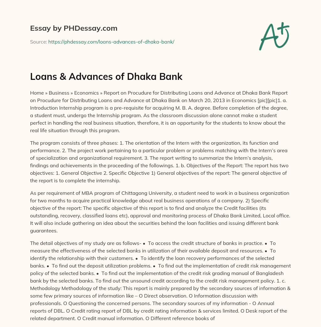 Loans & Advances of Dhaka Bank essay