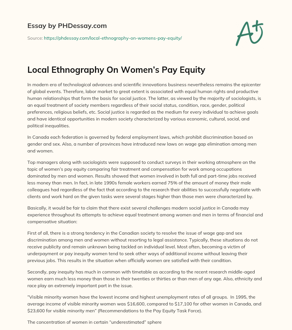 Local Ethnography On Women’s Pay Equity essay