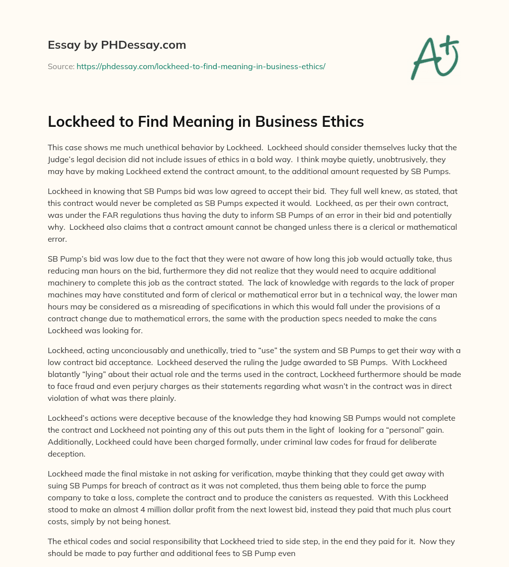 Lockheed to Find Meaning in Business Ethics essay