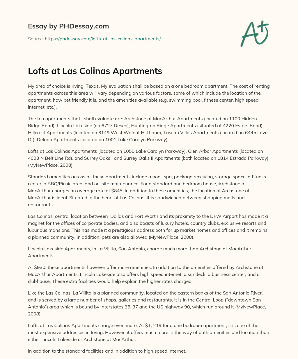 Lofts at Las Colinas Apartments essay