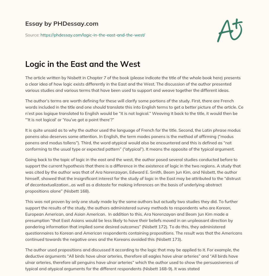 Logic in the East and the West essay