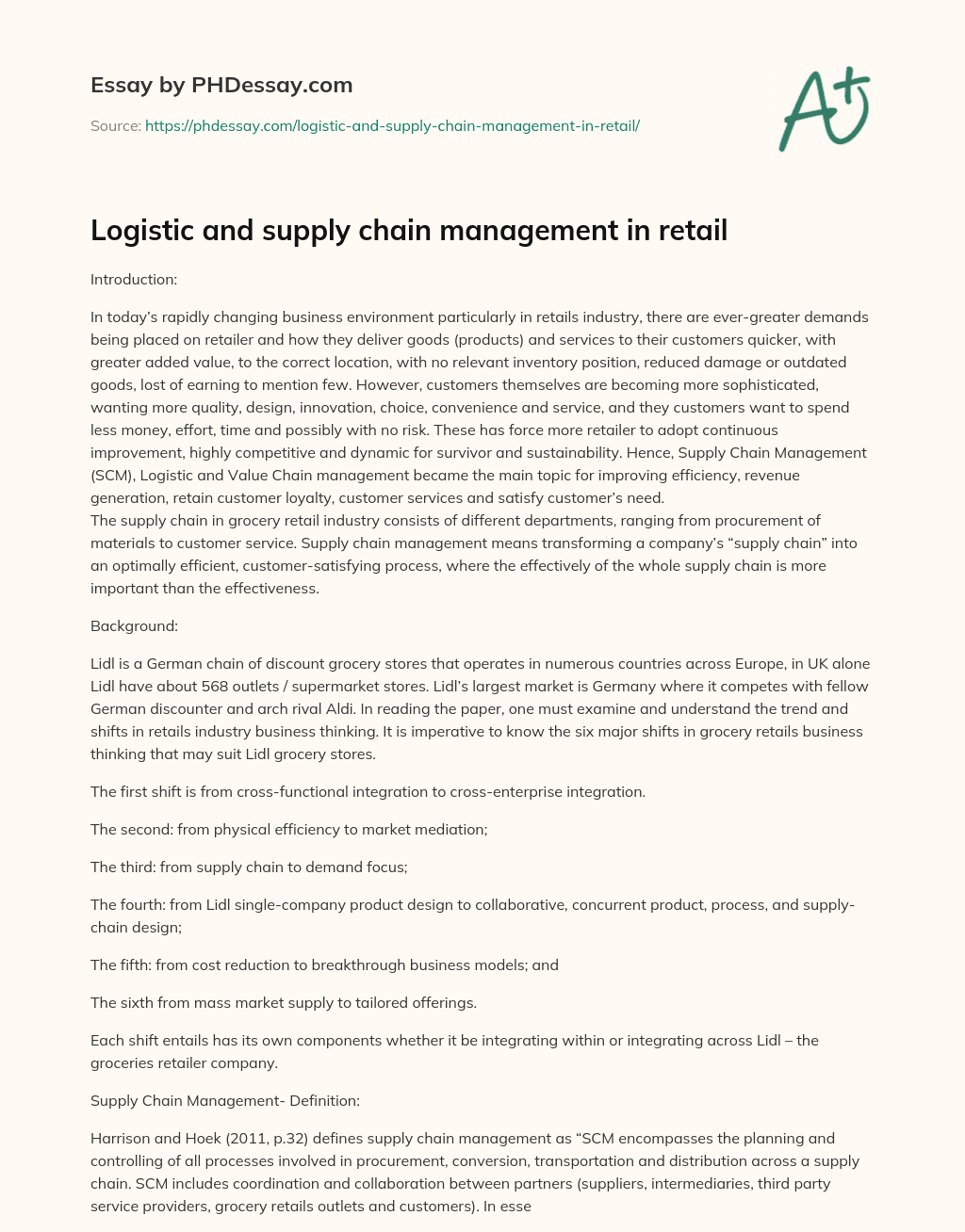 Logistic and supply chain management in retail essay