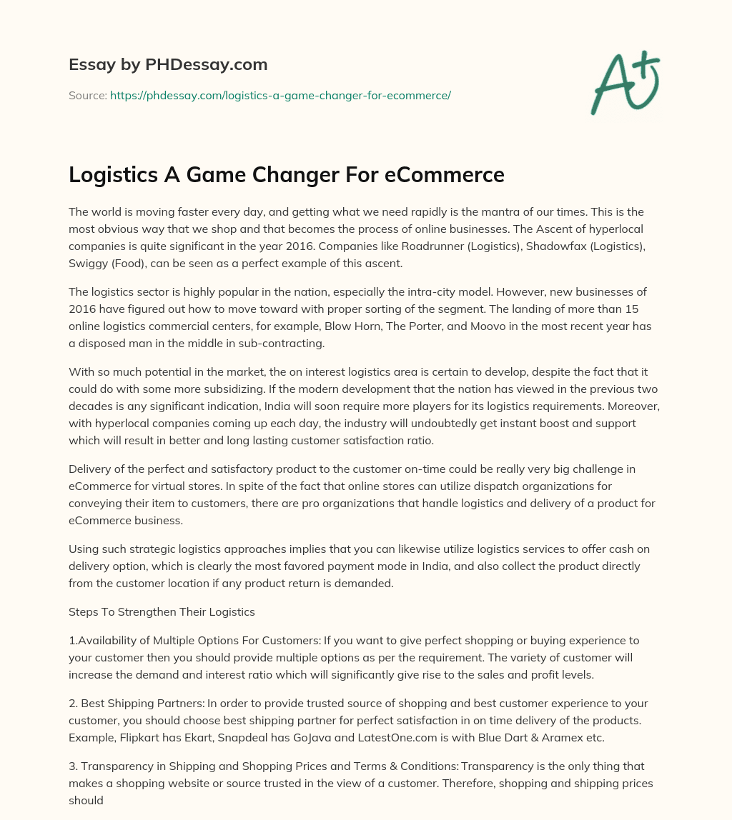 Logistics A Game Changer For eCommerce essay