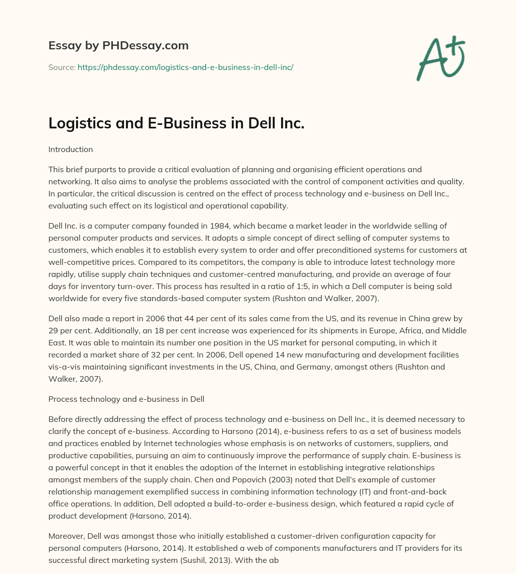Logistics and E-Business in Dell Inc. essay