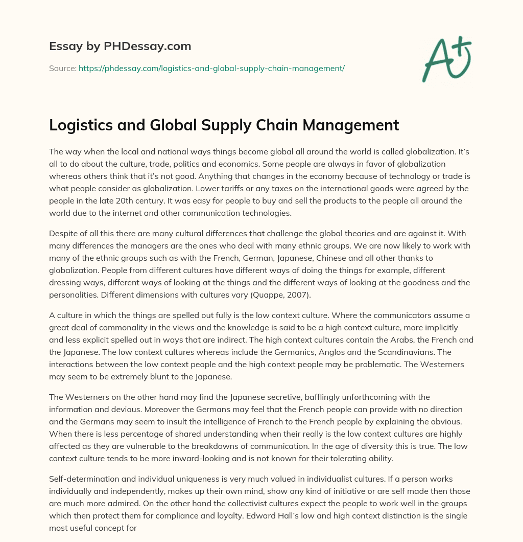 Logistics and Global Supply Chain Management essay