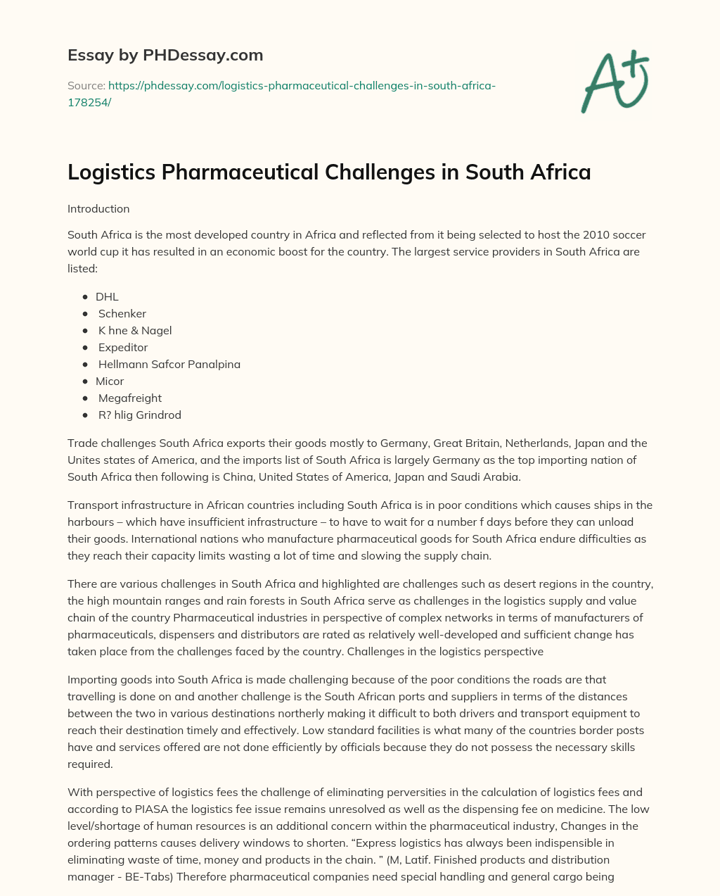 Logistics Pharmaceutical Challenges in South Africa essay