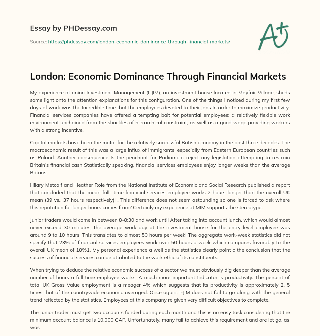 London: Economic Dominance Through Financial Markets essay