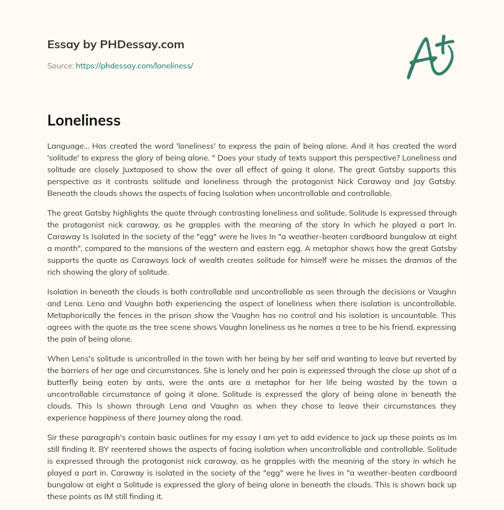 Loneliness and Solitude in Literature: The Great Gatsby and Beneath the Clouds essay