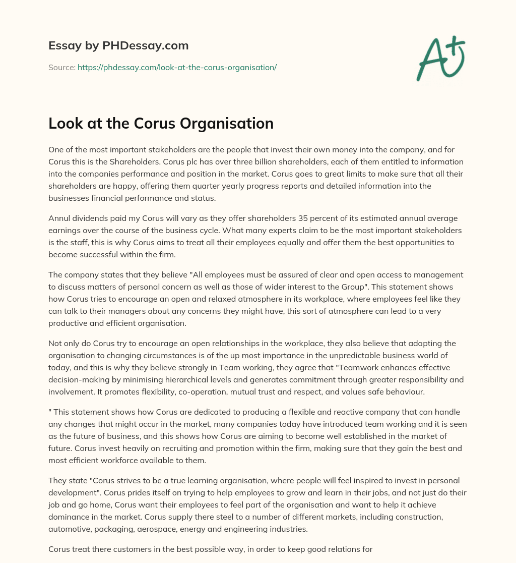 Look at the Corus Organisation essay