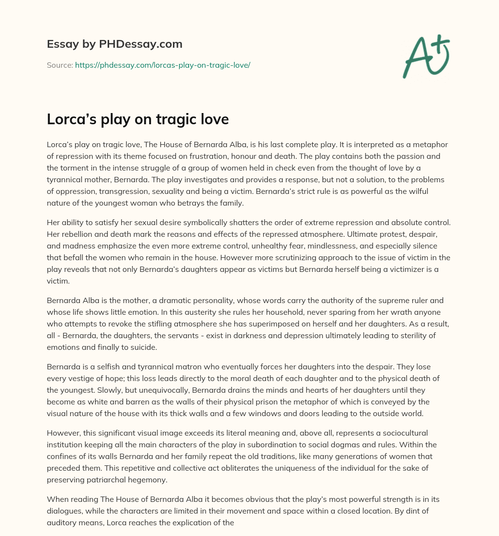 Lorca’s play on tragic love essay