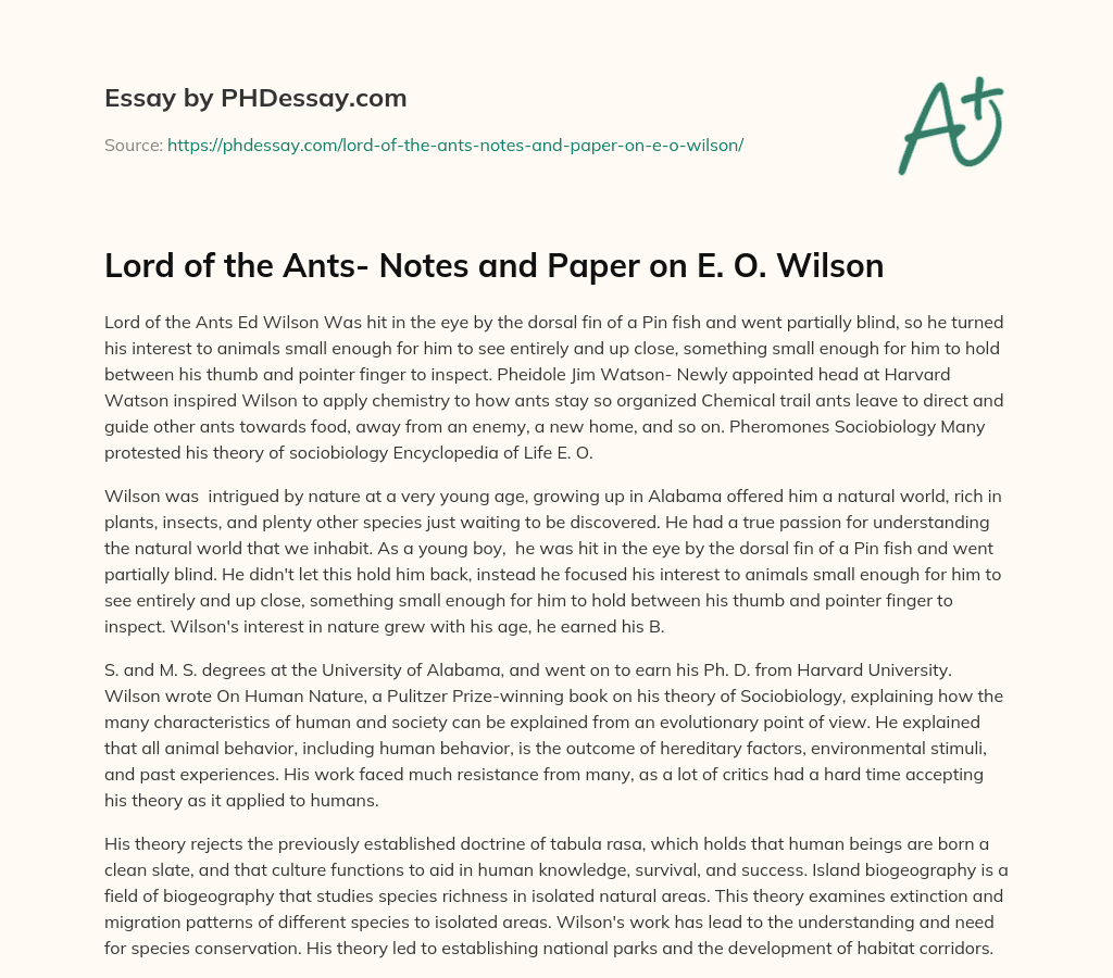 Lord of the Ants- Notes and Paper on E. O. Wilson essay