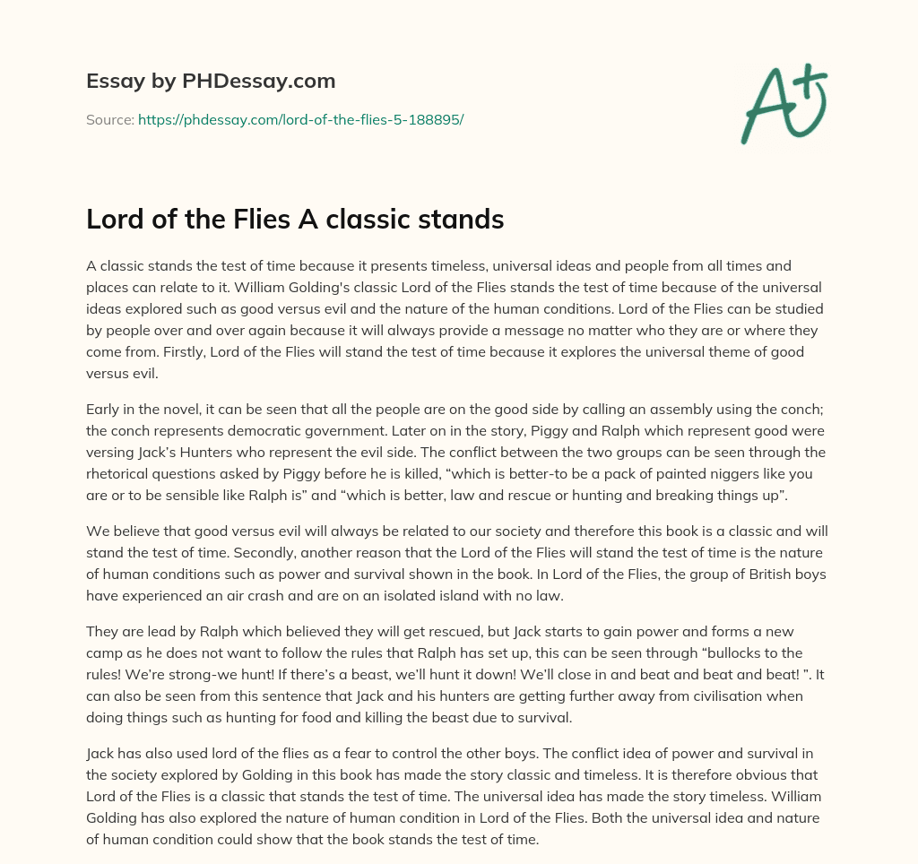 Lord of the Flies A classic stands essay
