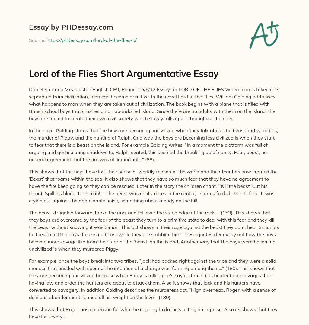 Lord of the Flies Short Argumentative Essay essay