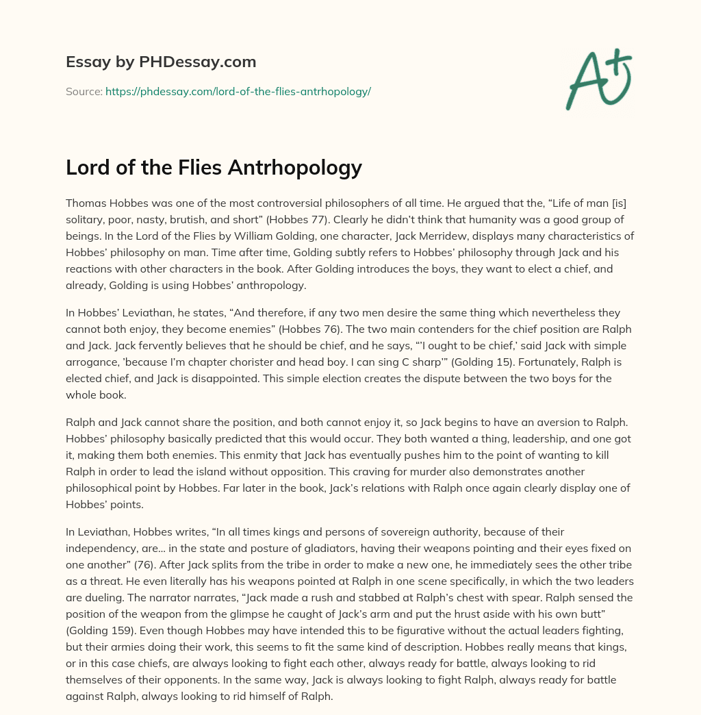 Lord of the Flies Antrhopology essay