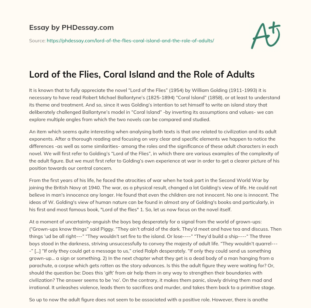 Lord of the Flies, Coral Island and the Role of Adults essay
