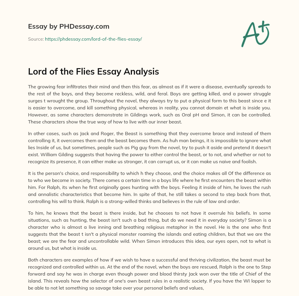 Lord of the Flies Essay Analysis essay