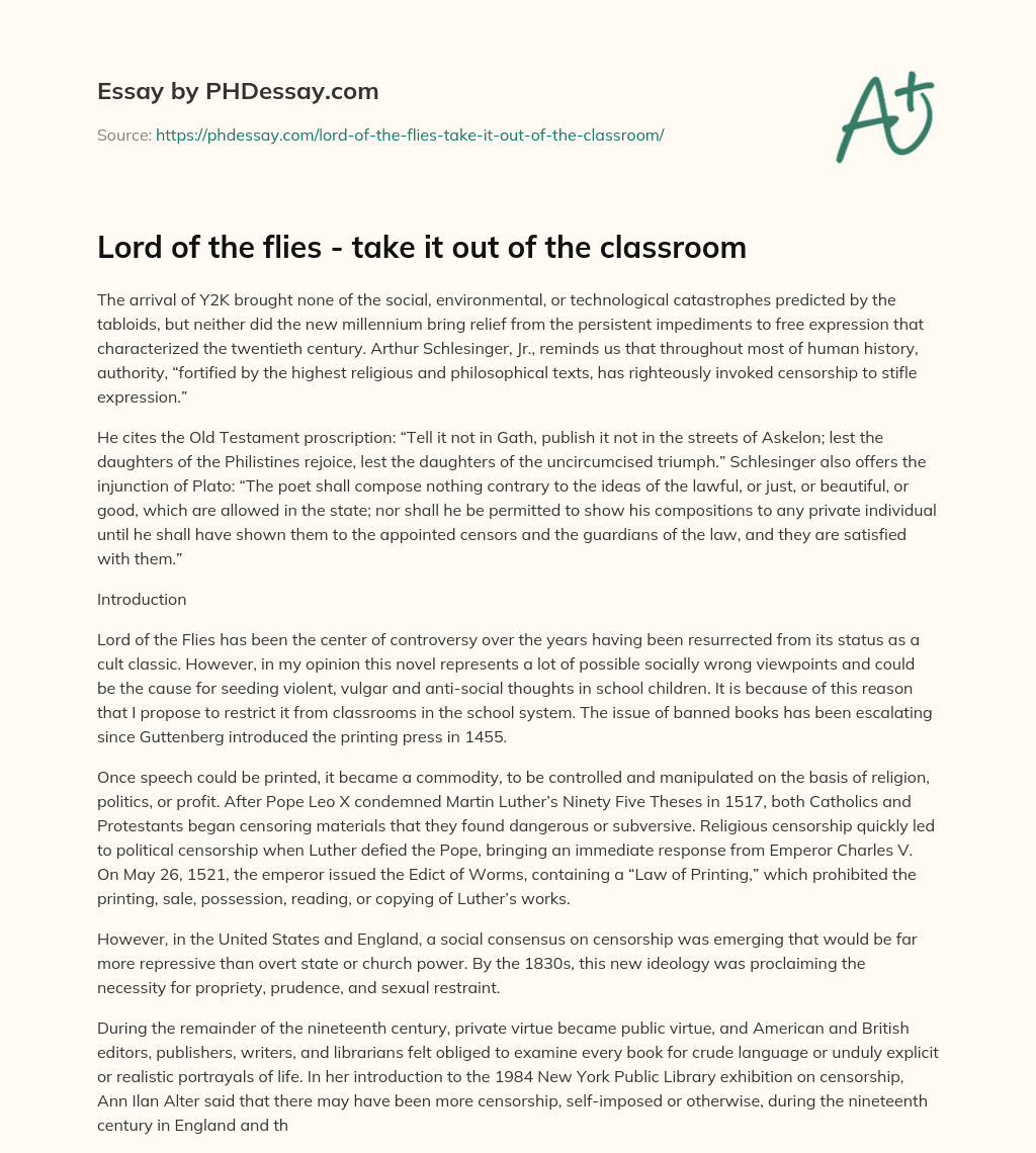 Lord of the flies – take it out of the classroom essay