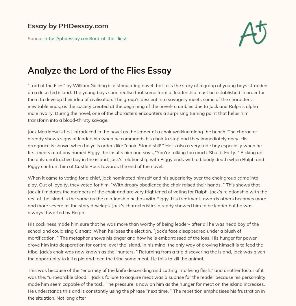 Leadership, Savagery, and the Transformation of Jack in Lord of the Flies essay