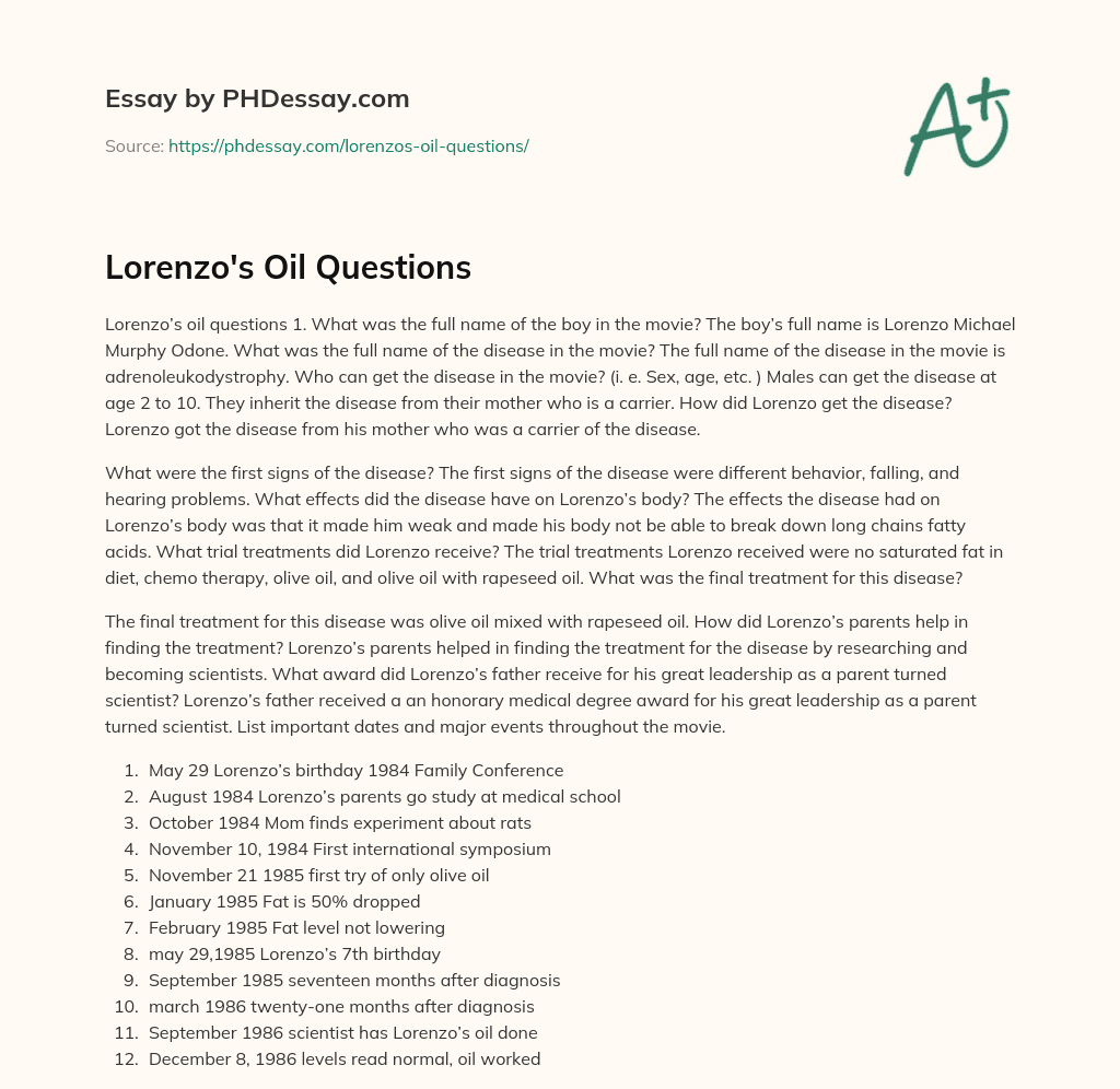 Lorenzo’s Oil Questions essay