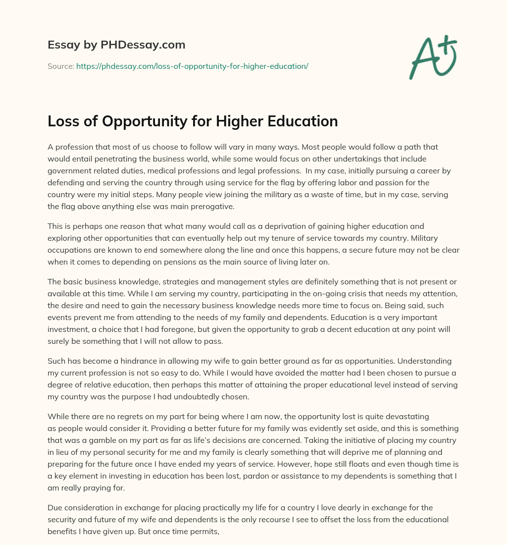 Loss of Opportunity for Higher Education essay