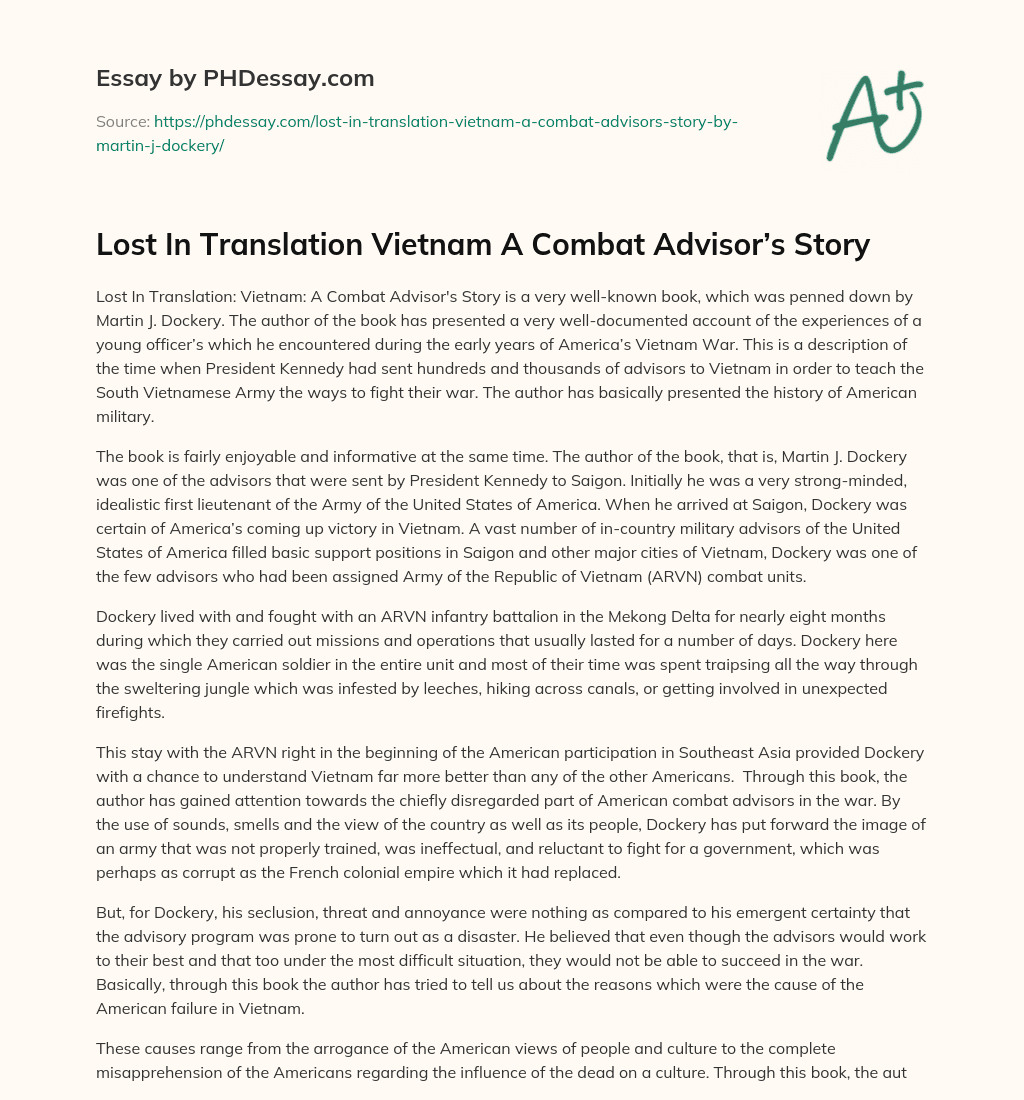 Lost In Translation Vietnam A Combat Advisor’s Story essay