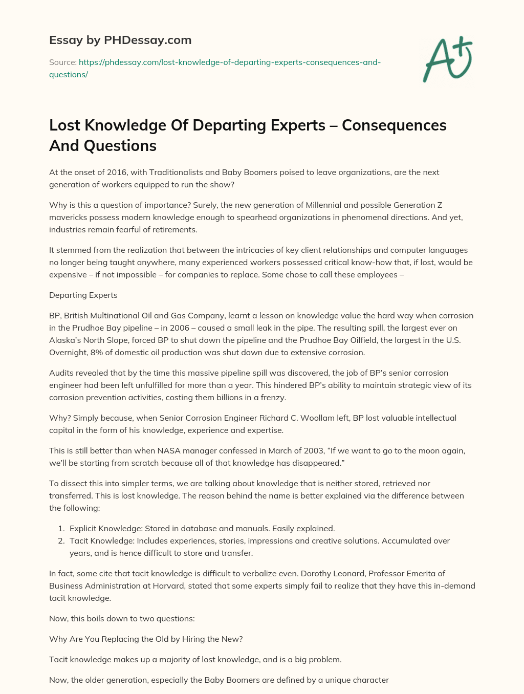 Lost Knowledge Of Departing Experts – Consequences And Questions essay