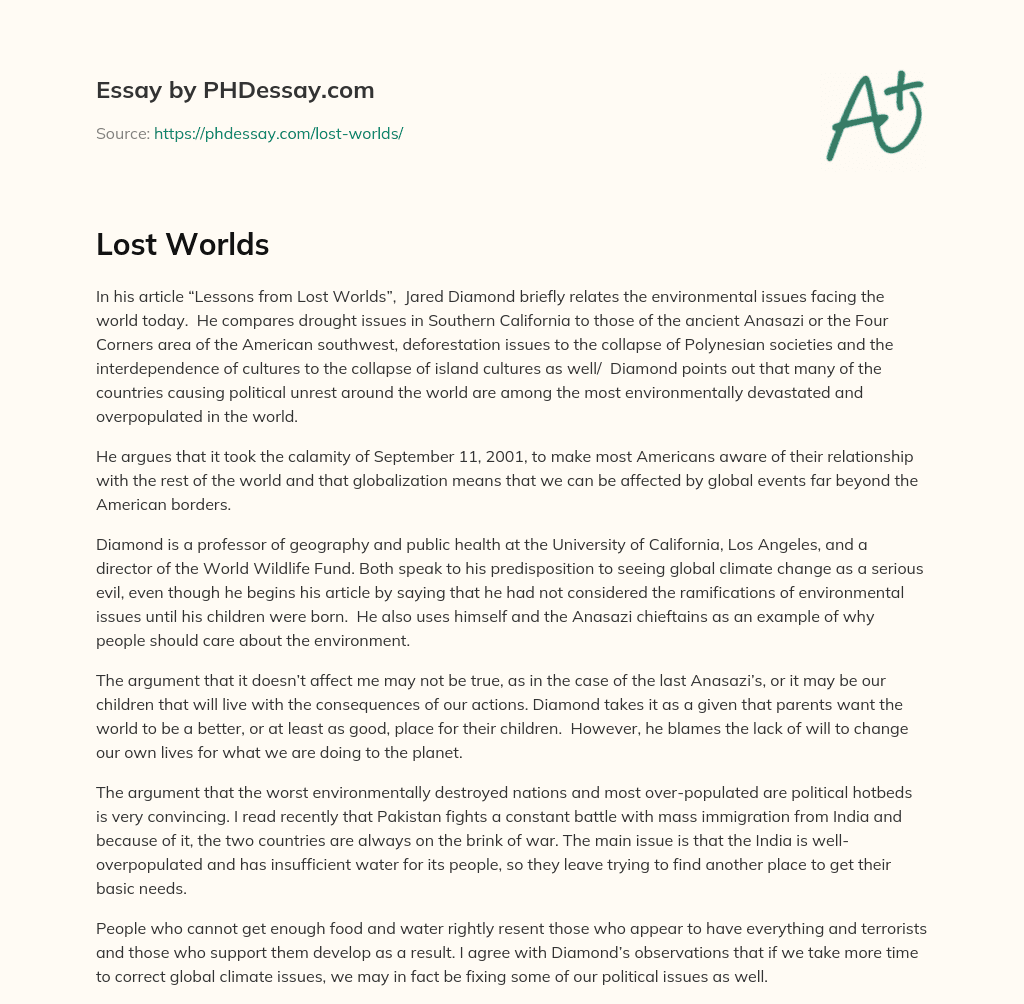 Jared Diamond’s Lessons from Lost Worlds: Environmental Issues and Globalization essay