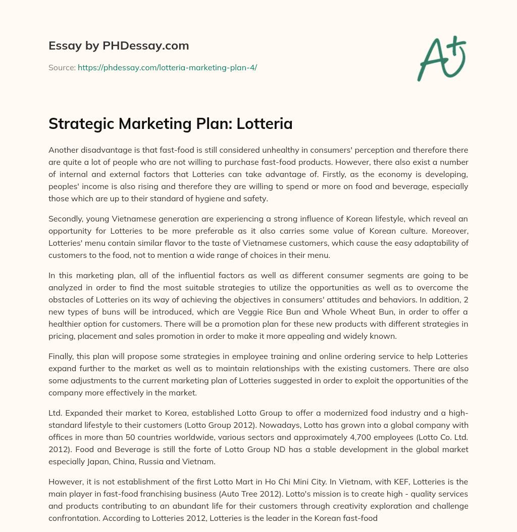 Strategic Marketing Plan: Lotteria essay