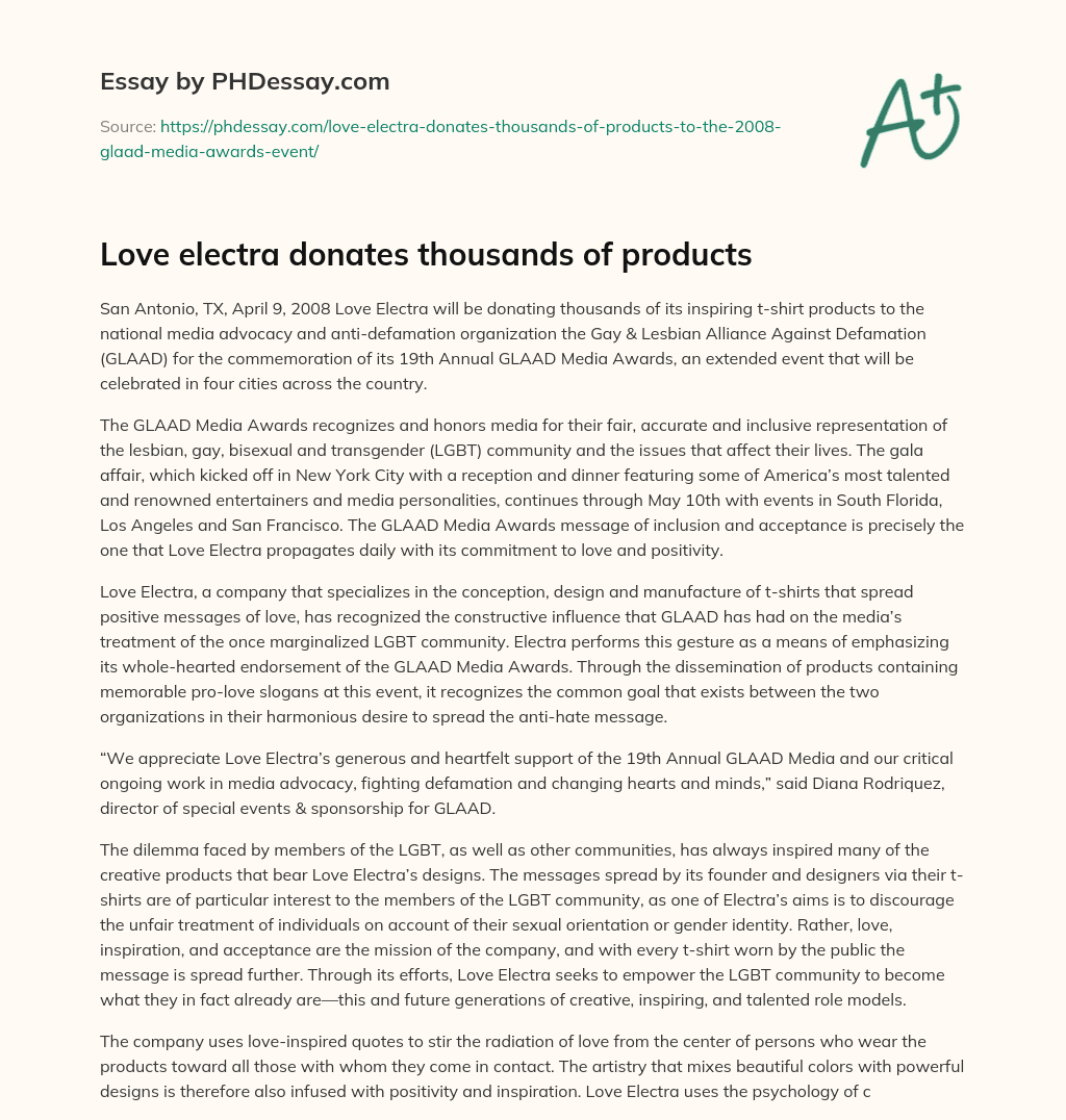 Love electra donates thousands of products essay