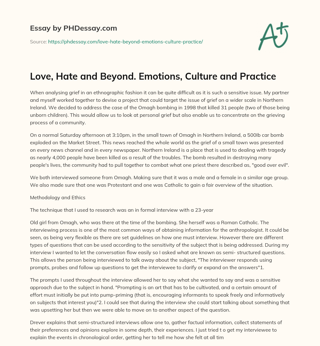 Love, Hate and Beyond. Emotions, Culture and Practice essay