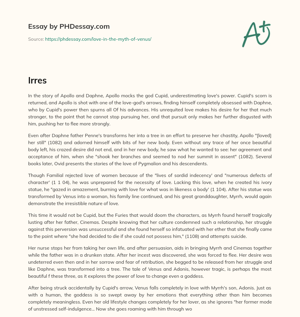 The Power of Unrequited Love in Apollo and Daphne and Pygmalion’s Descendants essay