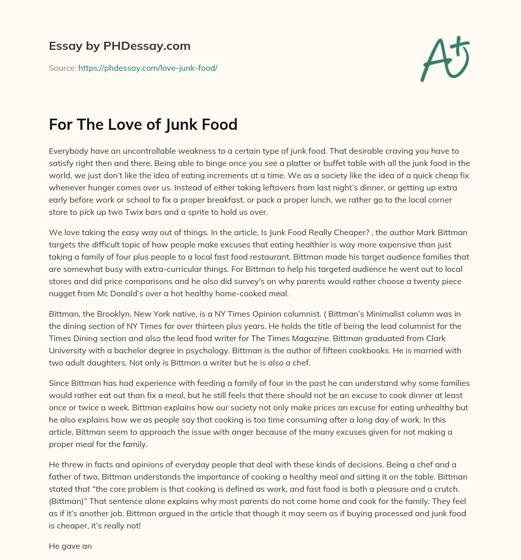 For The Love of Junk Food essay