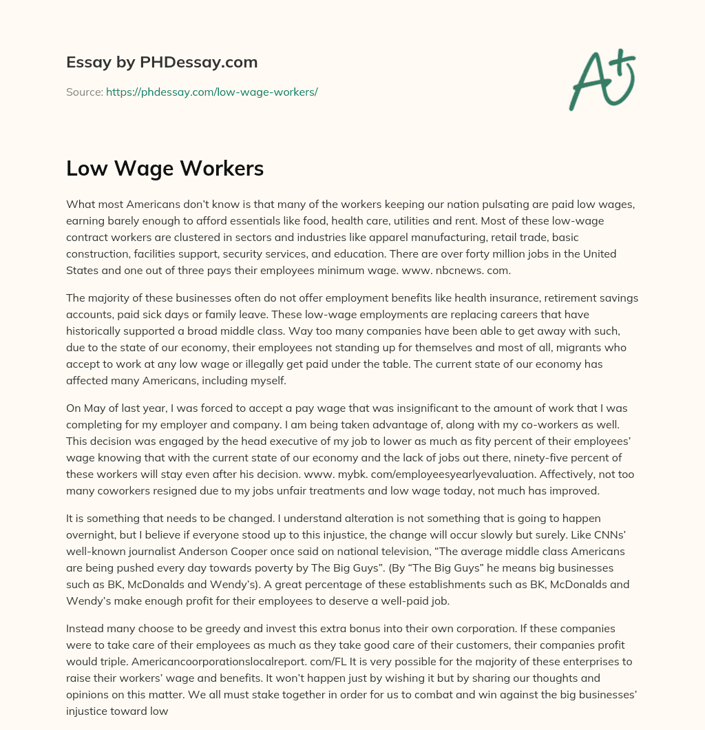 Low Wage Workers essay