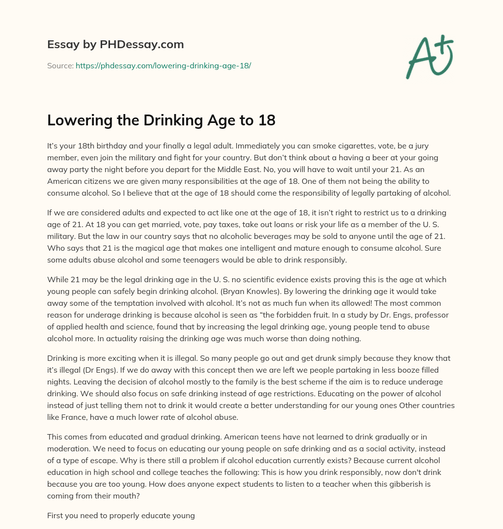 Lowering the Drinking Age to 18 essay
