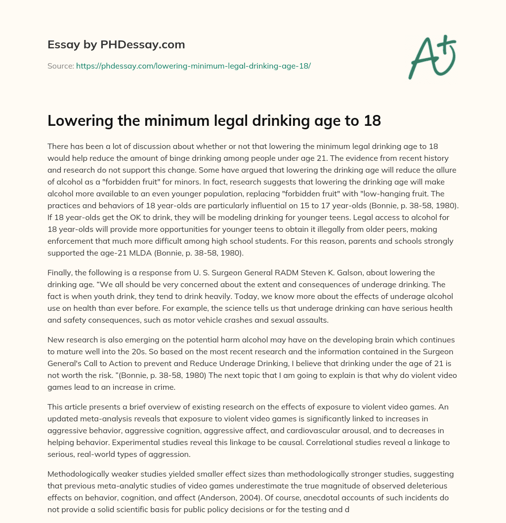 Lowering the minimum legal drinking age to 18 essay