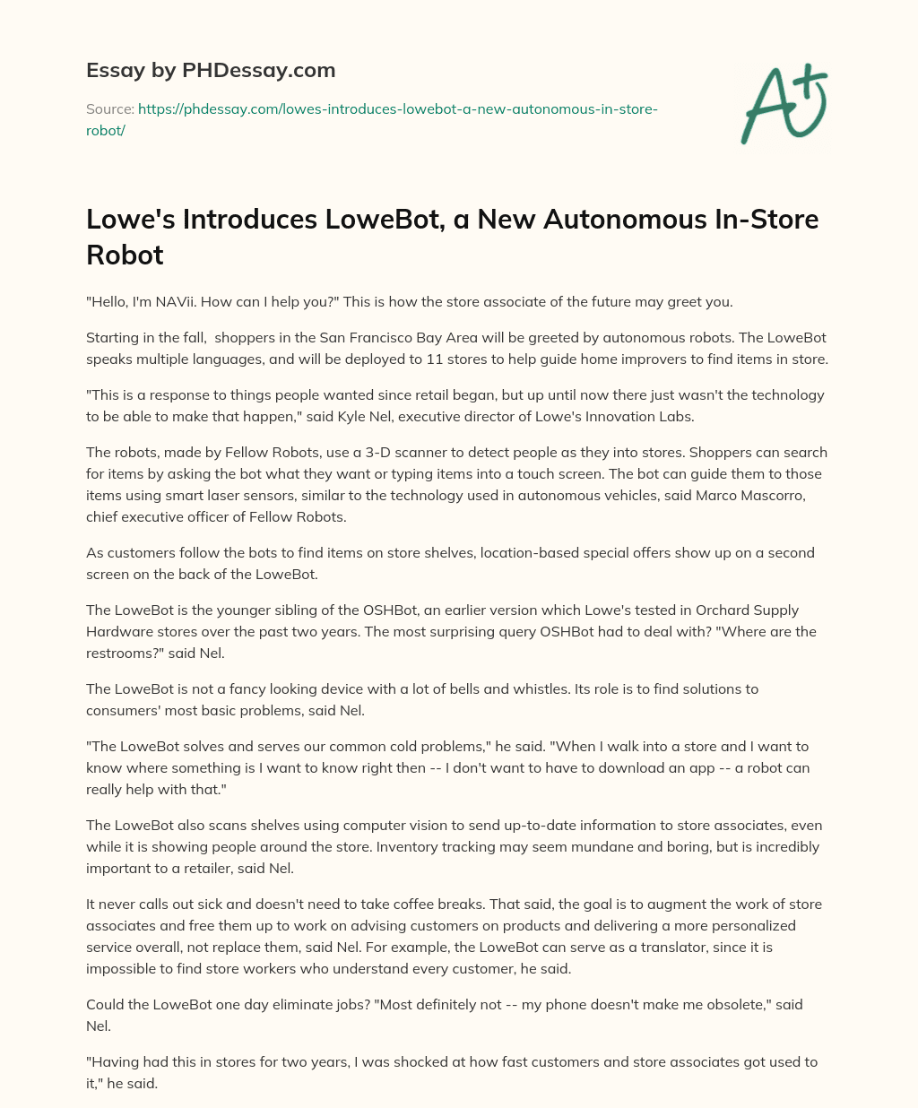 Lowe’s Introduces LoweBot, a New Autonomous In-Store Robot essay