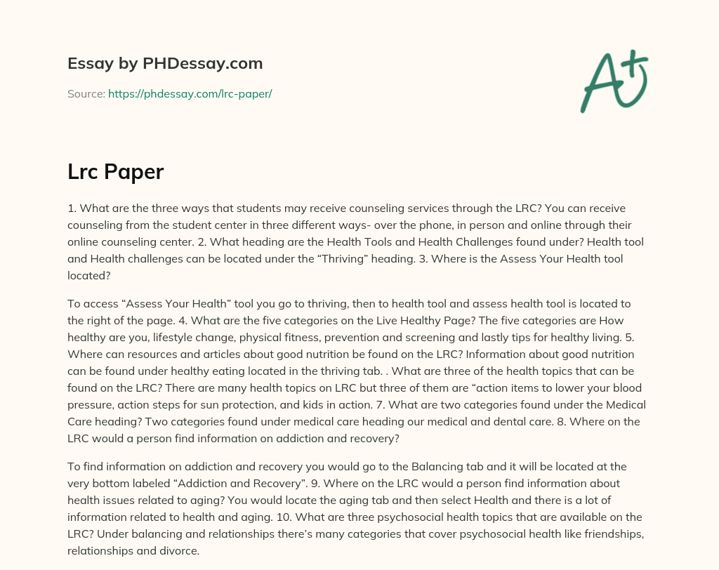 Overview of Counseling Services and Health Resources on the LRC essay