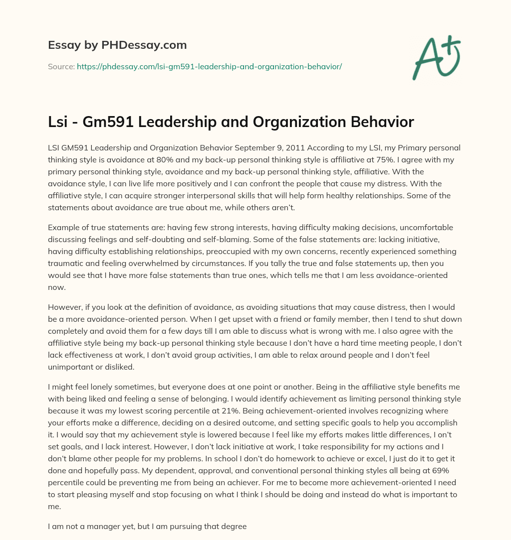 LSI – Gm591 Leadership and Organization Behavior essay