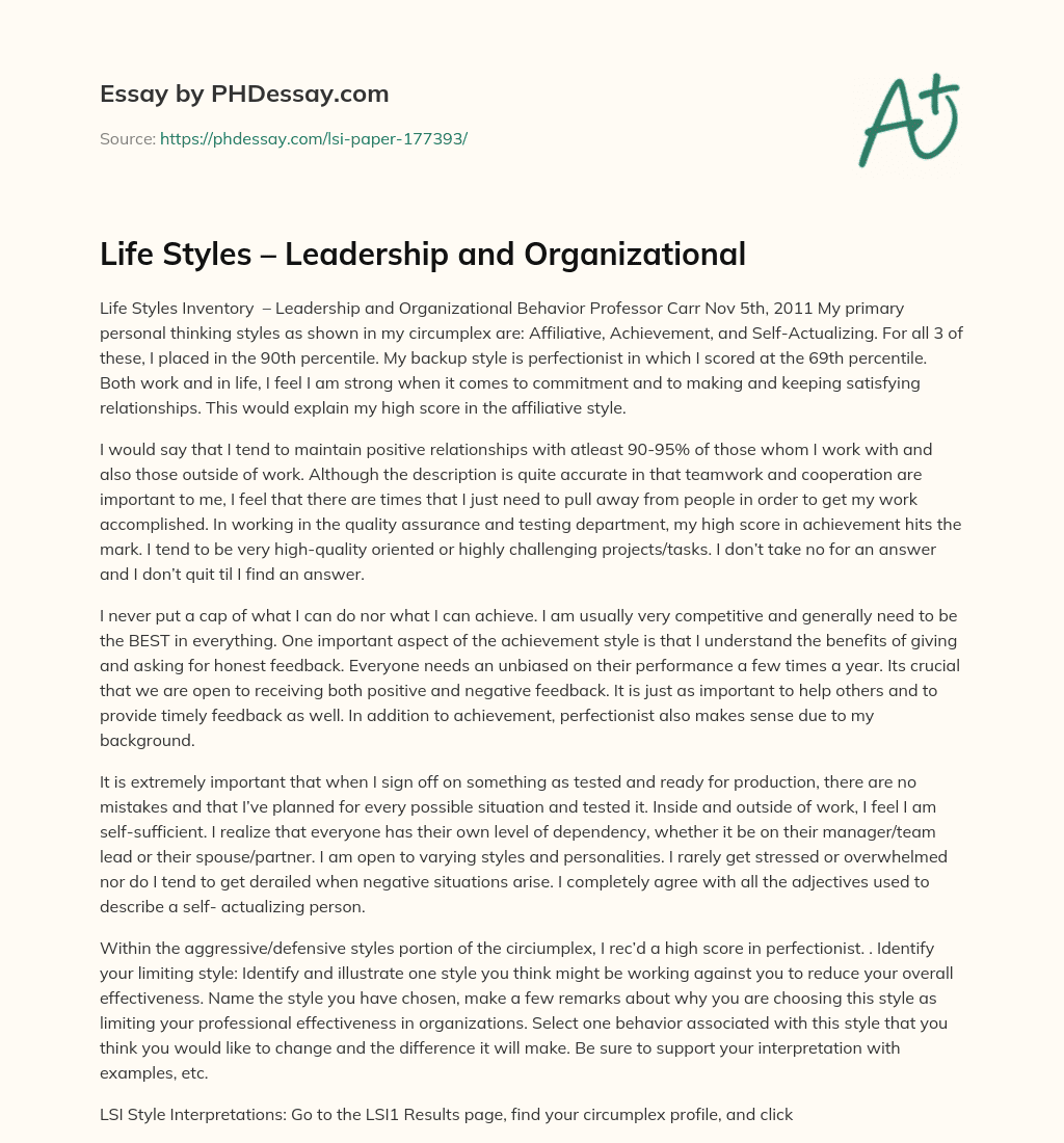 Life Styles – Leadership and Organizational essay